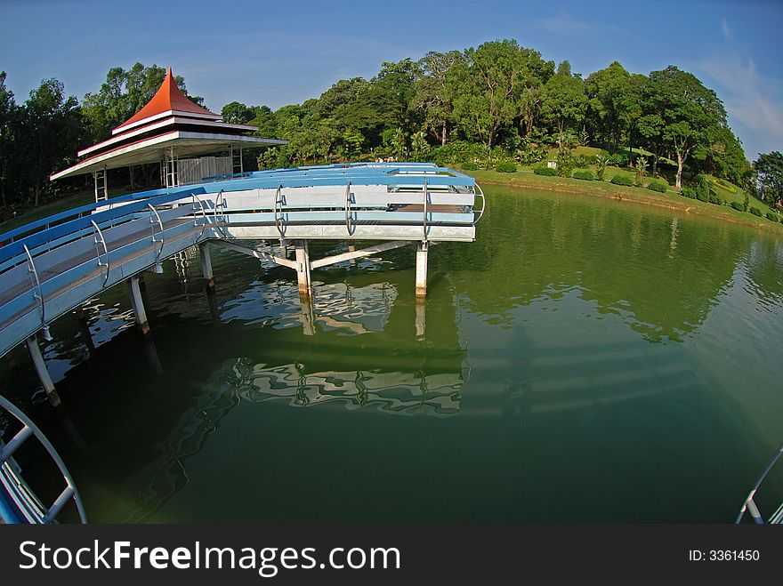 Wooden hut and walk path in the reservoirs