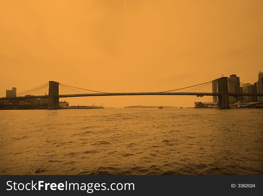 Brooklyn bridge with buildings in background