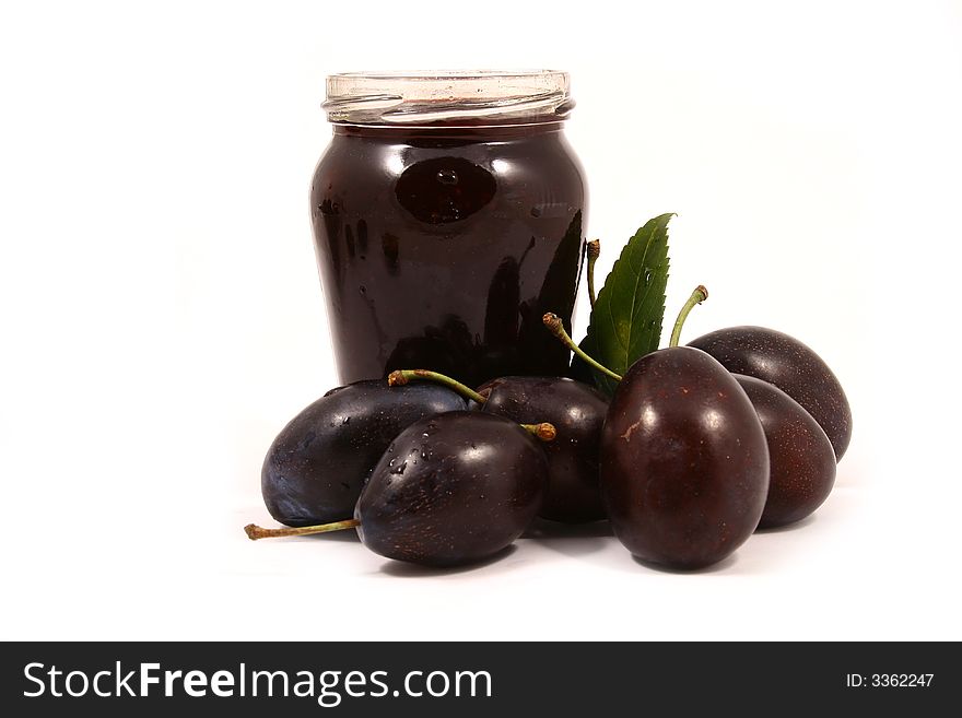 Violet Plumbs isolated on white background and jam