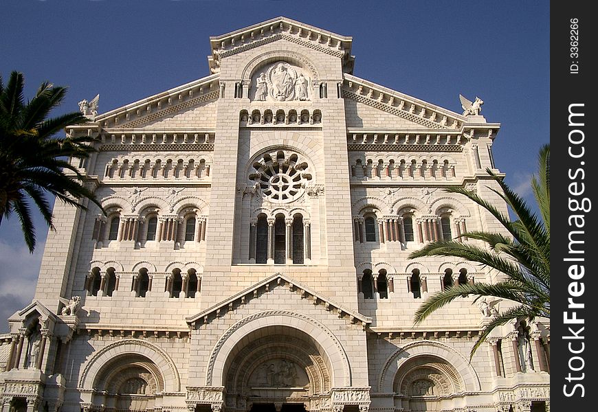 Facade of the imposing ancient cathedral of Monaco where was celebrated the marriage between Ranieri III di Monaco and Grace Kelly