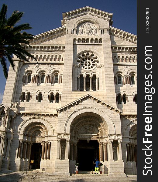 Facade of the imposing ancient cathedral of Monaco where was celebrated the marriage between Ranieri III di Monaco and Grace Kelly