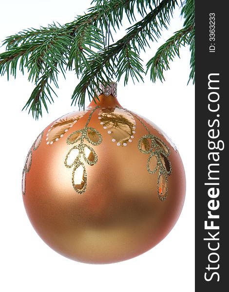 Christmas tree decoration and branch fir on white background