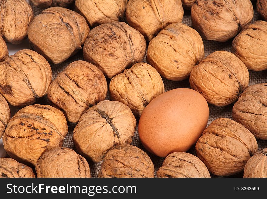 Walnuts background and red egg