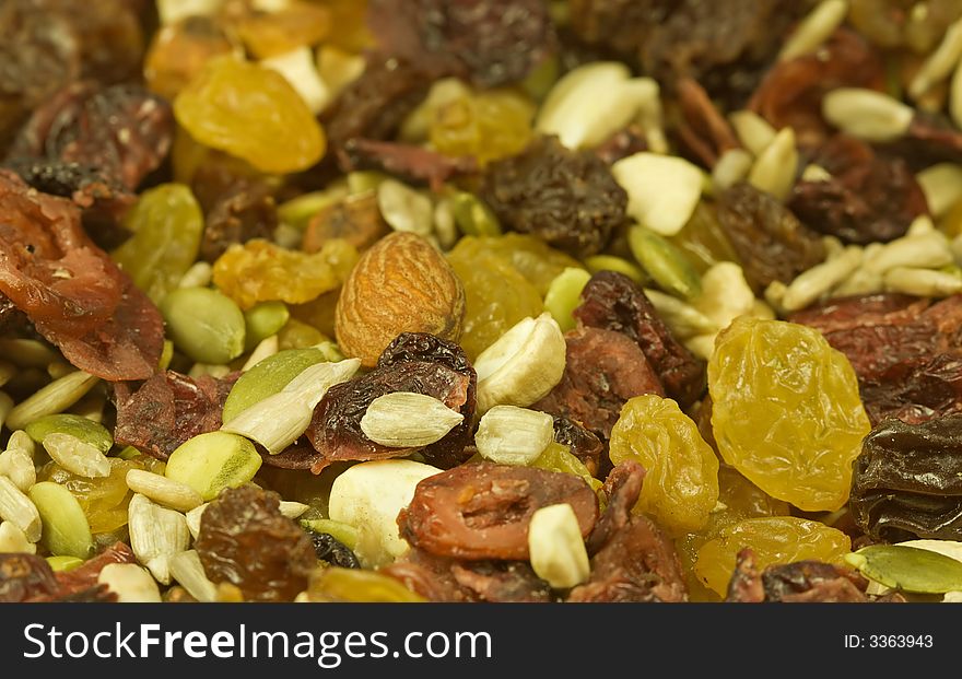 Healthy snack mix, nuts, seeds and dried berries. Background.