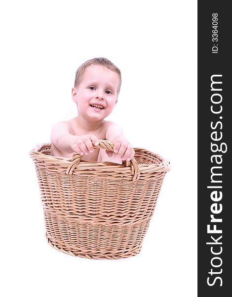 Boy in the basket on the white background