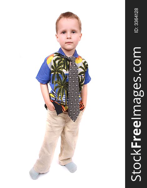 Young boy as manager on the white background