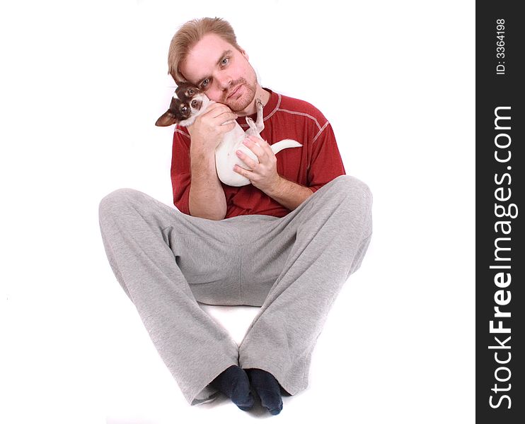 Man and his sweet chihuahua on the white background. Man and his sweet chihuahua on the white background