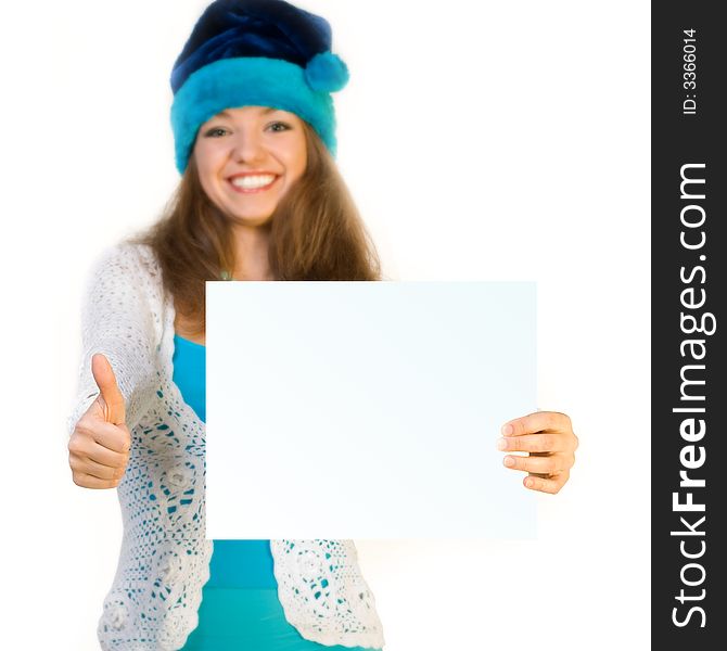 Christmas girl holding card over white background. Christmas girl holding card over white background