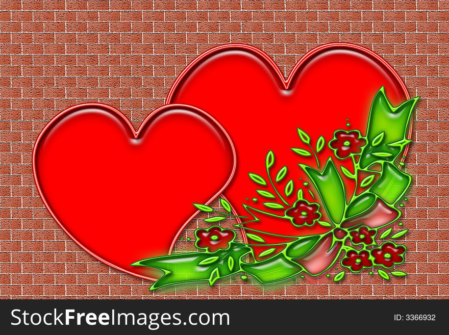 Two hearts with flower border on a brick wall. Two hearts with flower border on a brick wall