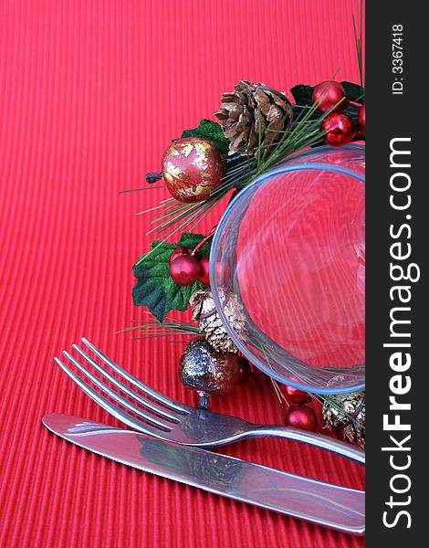 Christmas Table setting with cutlery and wine glass. Christmas Table setting with cutlery and wine glass