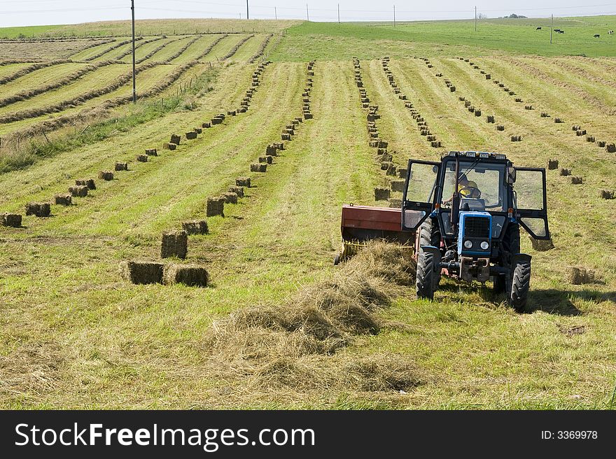 In the sunny field tractor making haystack. In the sunny field tractor making haystack