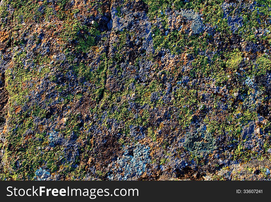 The natural texture of stone and pieces of green lichen