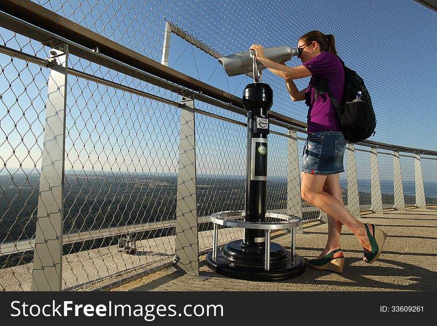 Lady Looking Ahead Through Telescope. Lady Looking Ahead Through Telescope