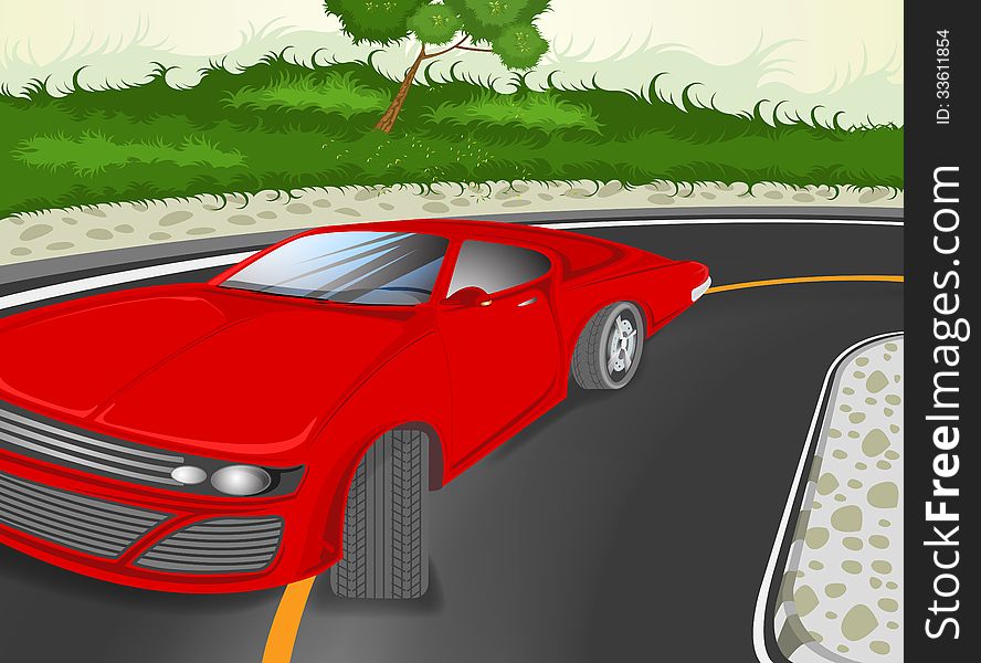 Sport car cartoon on the road with nature background. Sport car cartoon on the road with nature background