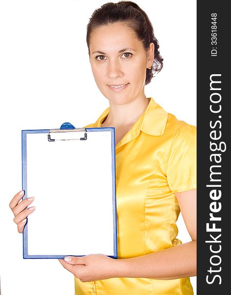 Attractive smiling business woman holding blank sign with room for text.