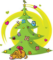 Christmas Tree With Dog, Bird, Flower, Star And Bu Stock Photos Christmas Tree With Dog, Bird, Flower, Star And Bu Stock Photos