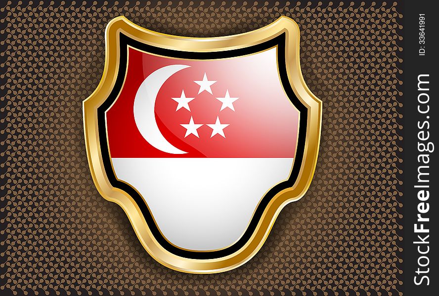 Beautiful Singapore flags inside golden shield on a brown pattern abstract background. Beautiful Singapore flags inside golden shield on a brown pattern abstract background