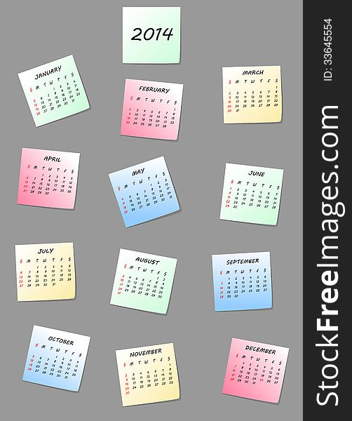 2014 calendar on paper notes