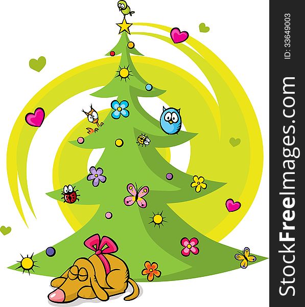 Christmas tree with dog, bird, flower, star and butterfly on white background
