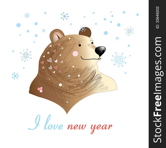 Christmas greeting card with a picture of a bear on a white background with snow. Christmas greeting card with a picture of a bear on a white background with snow