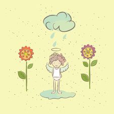 Illustration With An Angel And Flowers In The Rain Stock Photo