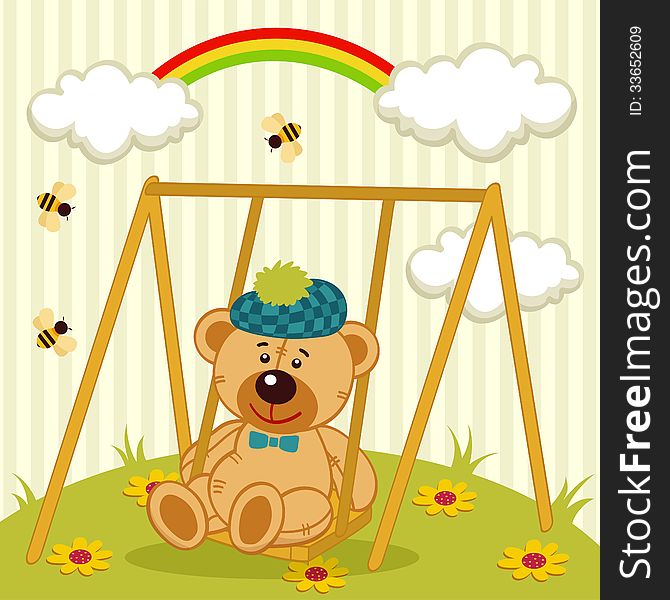 Teddy bear on swing - ector illustration