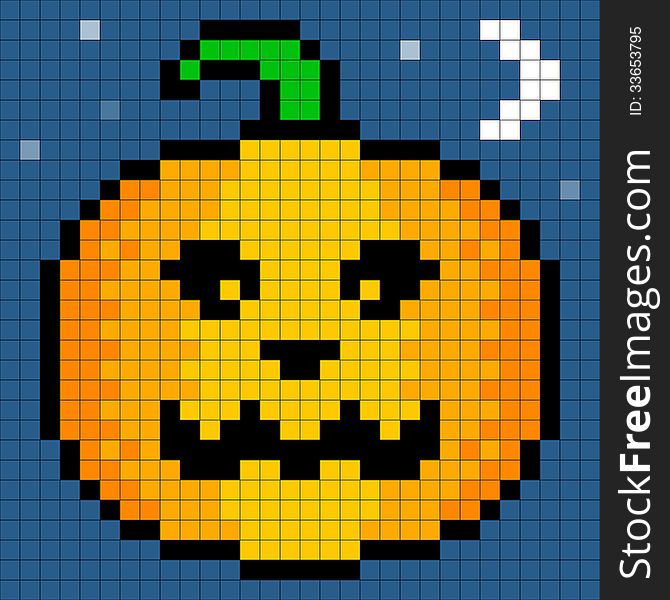 8-bit Pixel Art Halloween Pumpkin. Eyes, pumpking and background are on separate layers. Pixel grid is still intact for edits