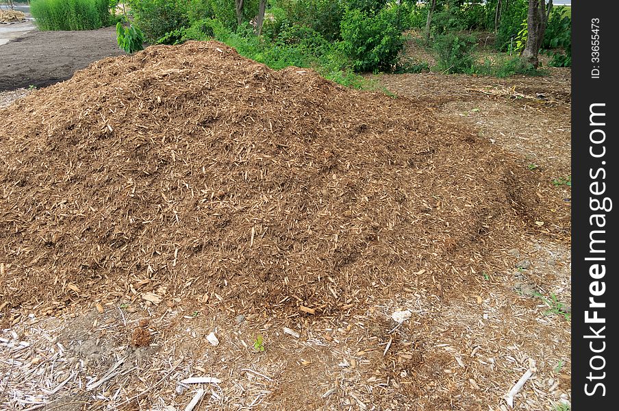 Pile of wood chip for garden mulch. Pile of wood chip for garden mulch