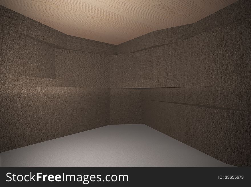 3D rendered of Futuristic interior with bark wood pattern wall