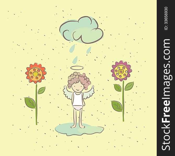 Illustration with an angel and flowers in the rain, the angel wants to grow.