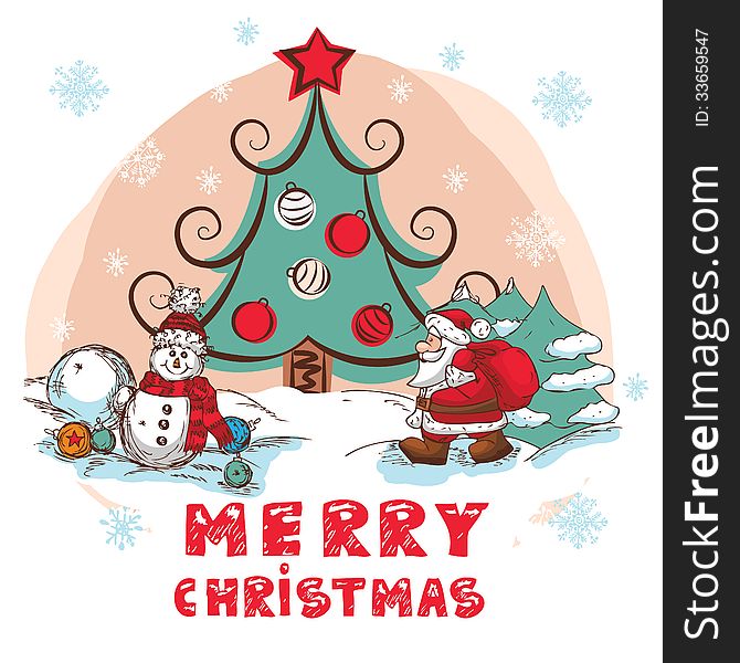 Christmas Illustration With Santa and Snowman - New Year Postcard In Retro style With Text - Vector. Christmas Illustration With Santa and Snowman - New Year Postcard In Retro style With Text - Vector.