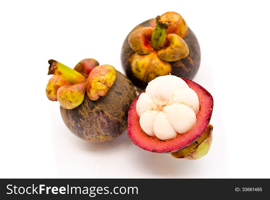 Mangosteen the queen of Thai tropical fruit grouping and isolated on white background