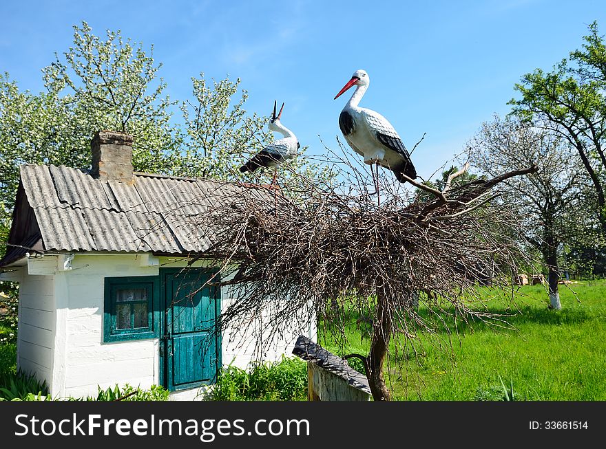 There are small shed or a storehouse and a crane nest in the country yard. There are small shed or a storehouse and a crane nest in the country yard.