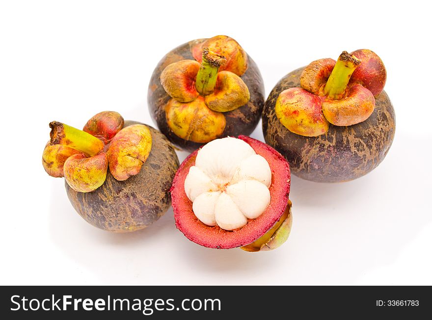 Mangosteen the queen of Thai tropical fruit grouping and isolated on white background