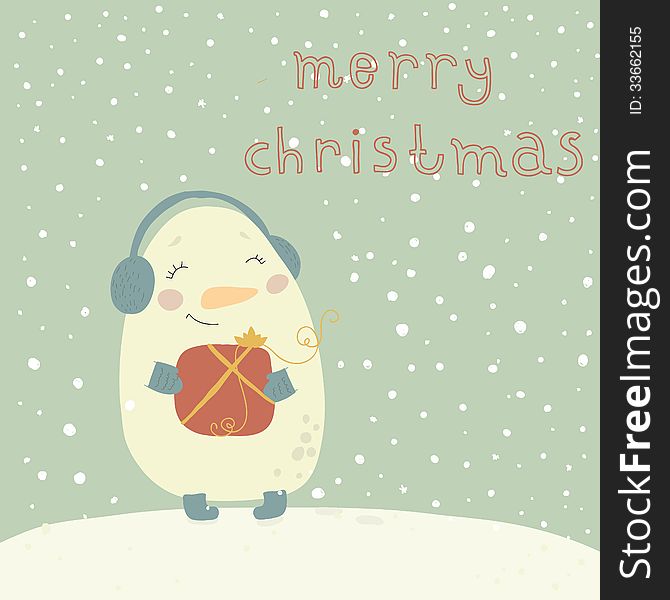 Christmas Illustration With Cute Snowman. Cartoon