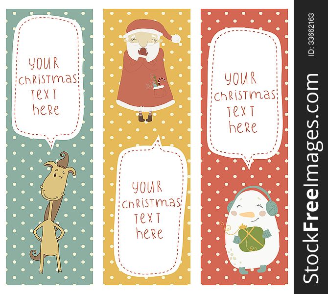 A set of Christmas and New Year banners. Share the Christmas cartoon characters. Santa Claus, snowman and the horse. . A set of Christmas and New Year banners. Share the Christmas cartoon characters. Santa Claus, snowman and the horse. .