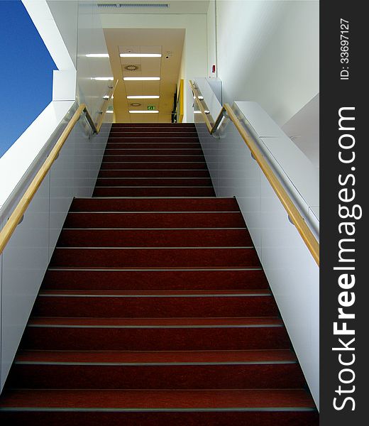 Red stairs in modern bulding. University of Veterinary and Pharmaceutical Sciences. Red stairs in modern bulding. University of Veterinary and Pharmaceutical Sciences