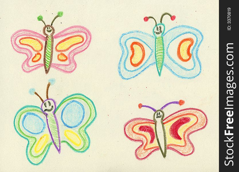 Butterflies drawn with crayon over textured paper