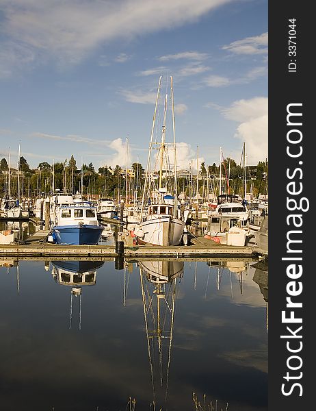 Blue and White Boats at Dock