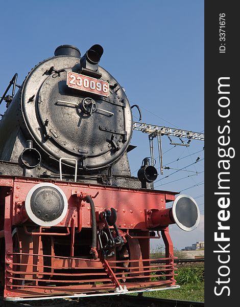 The front of a steam train. The front of a steam train