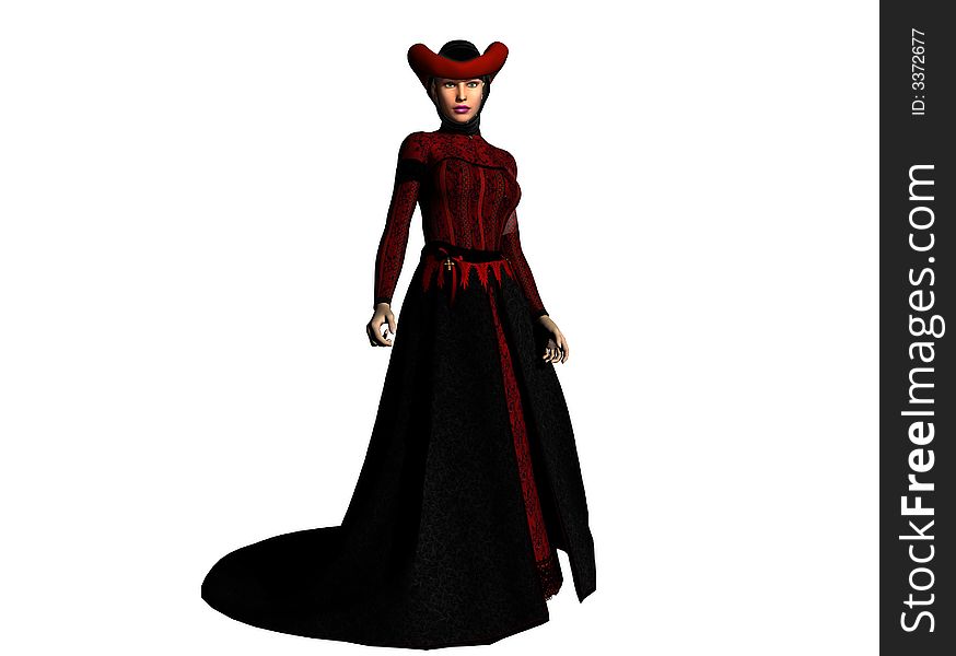 Beautiful lady in red and black gown with black over-skirt and headdress. Computer generated image, 3d model. Beautiful lady in red and black gown with black over-skirt and headdress. Computer generated image, 3d model.