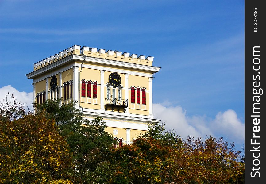 Old chapel on a background of the fine autumn sky.