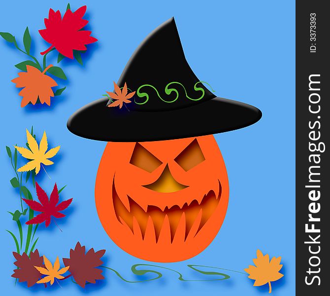 Spooky jack-o'-lantern  pumpkin with colorful autumn leaves. Spooky jack-o'-lantern  pumpkin with colorful autumn leaves