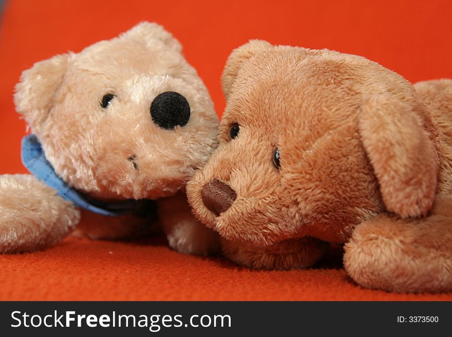 Teddy bears against dark orange background. Teddy bears against dark orange background