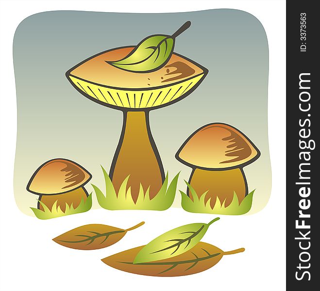 Three stylized mushrooms and fallen down leaves on a grey background. Three stylized mushrooms and fallen down leaves on a grey background.