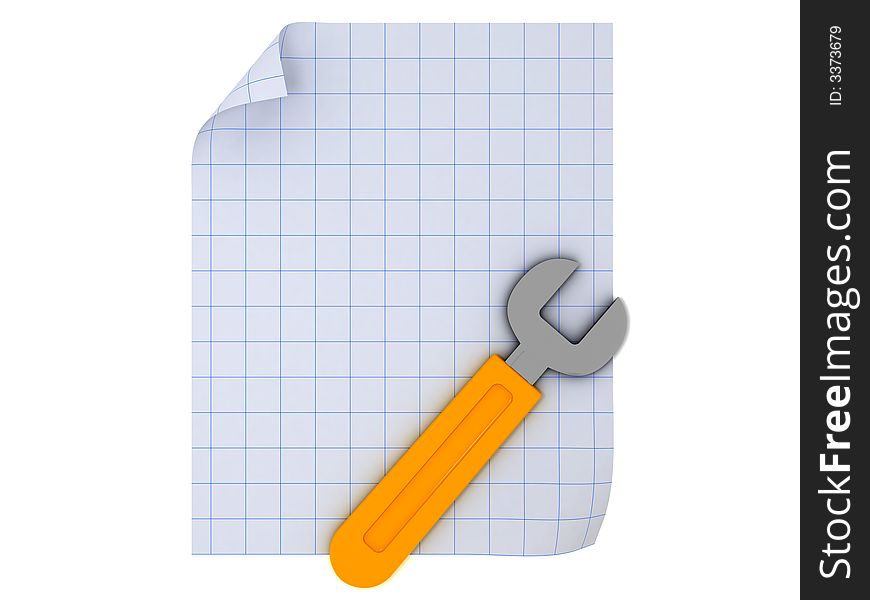 3d illustration of wrench on paper isolated. 3d illustration of wrench on paper isolated