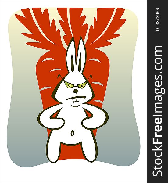 The terrible white rabbit protects the carrots. Digital illustration. The terrible white rabbit protects the carrots. Digital illustration.