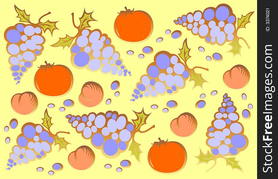 Stylized grapes, oranges and peaches on a yellow background. Stylized grapes, oranges and peaches on a yellow background.