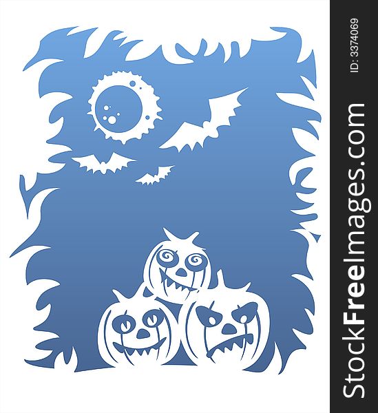 White silhouettes of three pumpkins, bats and the moon on a dark blue background. White silhouettes of three pumpkins, bats and the moon on a dark blue background.