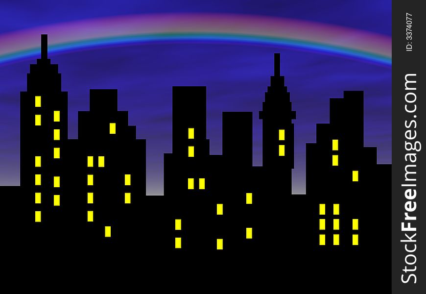Abstract city silhouette against rainbow background